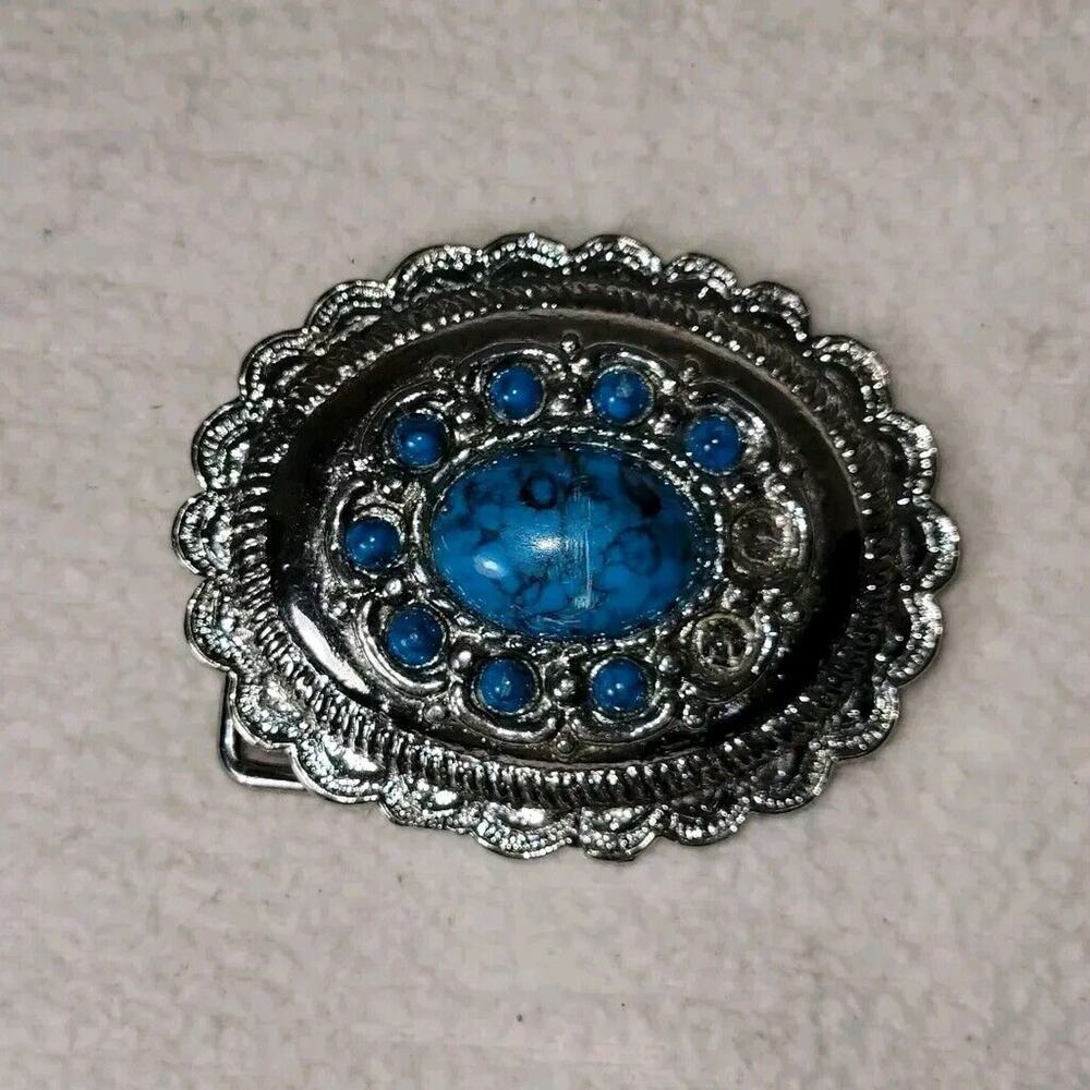 Vintage Belt Buckle Turquoise Silver Western USA Trucker Ornate Fashion West